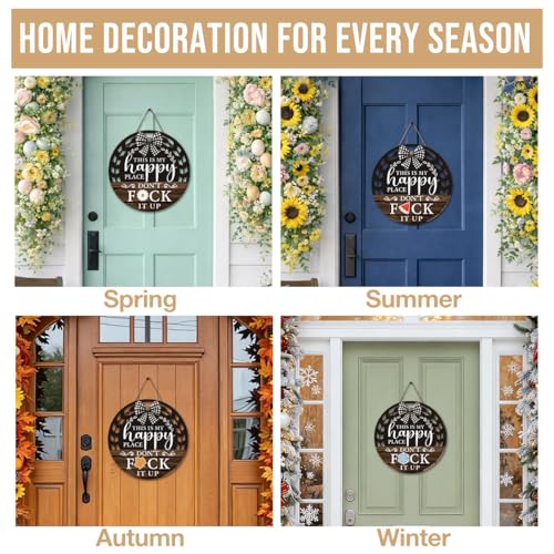 Interchangeable Seasonal Happy Place Hanging Sign - Farmhouse Backyard Door Decoration for Spring All Seasons Holidays - Rustic Round Wood Wreaths with 12 Icons(Brown) - color: HAPPYbrown