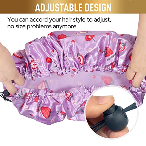 Shower Cap, Adjusable Shower caps for Women, Extra Large Upgrade Double Waterproof Layers Hair Cap, Bath Caps Shower Hat Women Girls Adult Hair Protection Suitable for All Lengths and Thickness - color: Purple Strawberry, size: X-Large