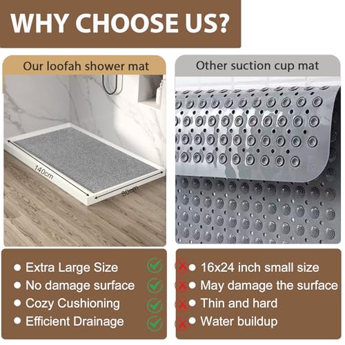 Shower Mat Non Slip: 55 x 31.5 Inch Extra Large Shower Mats for Inside Shower with Drain Hole - Soft PVC Loofah Anti Slip Shower Stall Mat for Walk-in Shower and Bathroom, Quick Drying - color: Grey, size: 55" x 31.5" (Rectangular)