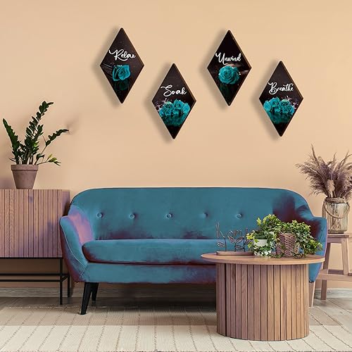 ONIZHITY Set of 4 Rose Wooden Wall Decor - Turquoise & Teal Bathroom & Office Signs (12 x 7) - Breathe, Soak, Unwind, Relax - color: Teal Rose