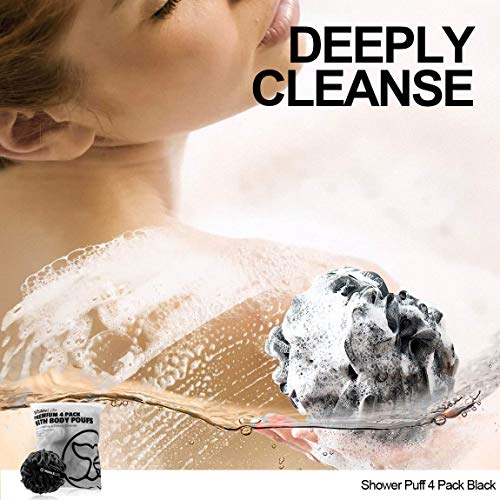 WhaleLife Loofah Bath Sponges - Black Gentle Exfoliating Shower Loofah for Rich Lather, Durable Mesh Body Scrubber for Men & Women 4 Pack - style: Modern; Minimalist; Matte; Solid Black