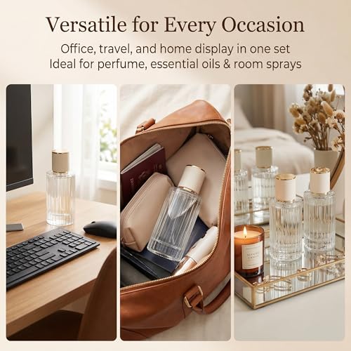 YU FENG 2 Pack 100ml Glass Perfume Spray Bottles, Gold Rim Atomizer | Vertical Striped Texture, Gold Sprayer With Cream Cap, Stylish Refillable Bottle, Fine Mist Spray For Perfume And Oils - style: Gold-Trim Cream Cap-2