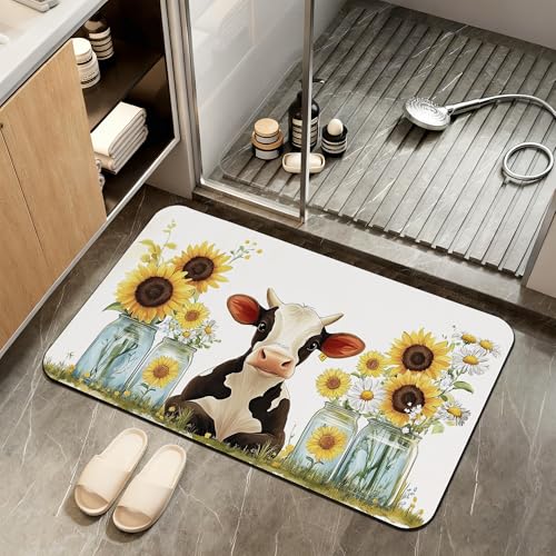Cute Cow Bath Mat, SunflowersDaisie Diatomaceous Earth Bath Mat,Rubber Backing Quick Dry Absorbent Washable Bathroom Rugs for Tub Non Slip 17"x29.5" - color: Cute Cow,sunflowersdaisie
