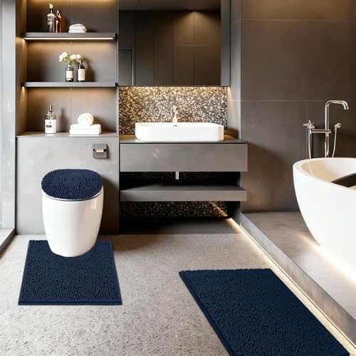 Bathroom Rugs Sets 3 Piece with Adjustable Toilet Seat Cover 19.5"x 18.5" Machine Washable Bath Rug Set with TPR Non Slip Rubber Backing Solid Bath Mat Set for Luxury Bathroom Decoration - color: Navy Blue