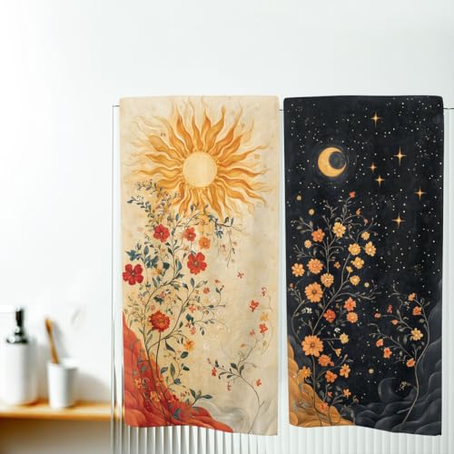 Moon Sun Bath Hand Towels Absorbent Flowers Leafy Vines Stars Gold Black Art Decorative Hand Towels for Bathroom Kitchen Home Spa Hotel Yoga,Bathroom Decor Accessories Gifts for Women Man 14"x28" - color: Moon Sun