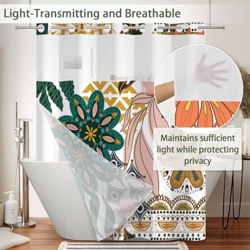 No Hook Boho Shower Curtain and Liner Set 71 x 74 Inch | Colorful Botanical Flower Print, Waterproof Fabric Bath Curtain with Breathable Mesh Top Window for Farmhouse Bathroom, Hotel - color: Green and Pink