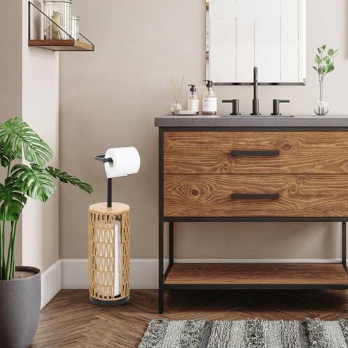 Trongee Freestanding Toilet Paper Holder with Storage,3 Rolls of Boho Toilet Paper Holder Stand with Lid,Gold Toilet Tissue Holder Stand Rattan Paper Storage Wicker Toilet Roll Holder Basket - color: U-black
