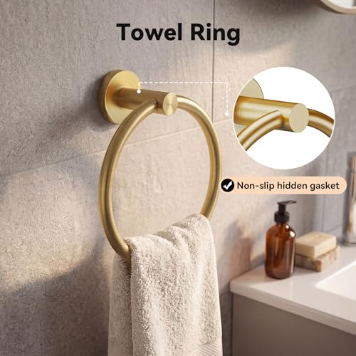Gold 5-Piece Bathroom Hardware Set, 23.6 Inch Towel Bar Set SUS304 Stainless Steel Towel Racks for Bathroom Round Towel Bar, Towel Ring, Toilet Paper Holder, 2 Robe Hooks, Wall Mounted - color: Gold