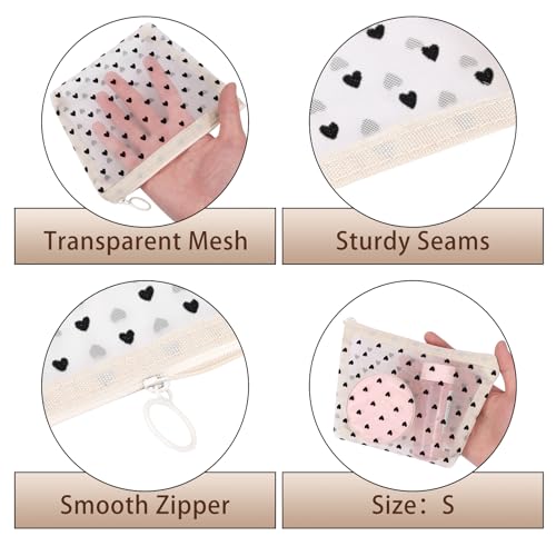 6 Pieces Zipper Mesh Makeup Bags Set, Nylon Cosmetic Bags Portable Clear Toiletry Bas Travel Organizer Bags for Office Travelling Organization (Beige Heart Printed, Assorted Size) - color: Beige Heart Printed