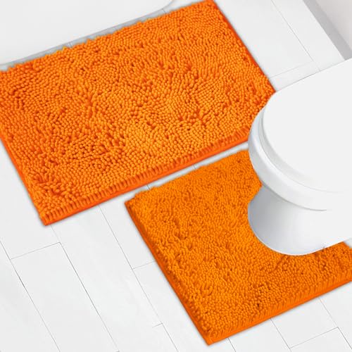 Bathroom Rugs Chenille Bath mat 2 Piece Set, Super Absorbent, Strong PVC Non Slip Backing, Bath mats for Bathroom, Plush Shaggy, Thick, Machine Washable, Bathtub, Shower, Toilet.(Orange) - color: Orange, size: 20''×20''U-Shape+20''×32''