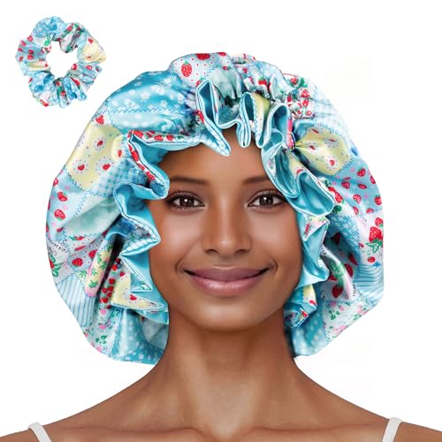 Floral Satin Bonnet with Scrunchie Set,Double Layer Ruffle Reusable Sleeping Shower Cap for Curly Hair Blue-strawberries - color: Blue-strawberries