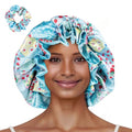 Floral Satin Bonnet with Scrunchie Set,Double Layer Ruffle Reusable Sleeping Shower Cap for Curly Hair Blue-strawberries - color: Blue-strawberries
