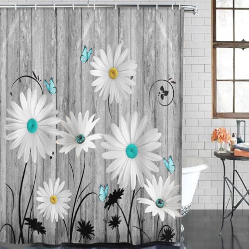 ArtSocket Flower Daisy Bathroom Set with Shower Curtain and Bath Rugs and Accessories,Gray Wooden Boards Non-Slip Shower Curtain Set,Bathroom Decor 3 Pcs - color: Flower Daisy