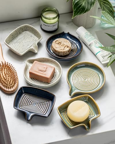 Ceramic Soap Dish, Self Draining Soap Holder Bar Soap Dish for Bathroom Kitchen Counter Soap Saver Tray Keep Soap Bar Dry Easy to Clean, Blue and Green - color: Blue and Green, size: Round