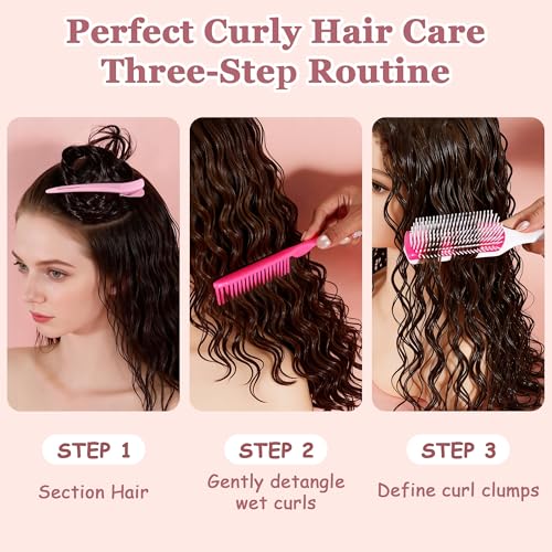 SALONSILK Curl Defining Hair Brush Set, Pink Styling Curly Brush, 9 Row Styling Brush, 3 Row Comb with 2PCS Hair Clips for Women