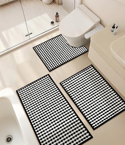 YIHOUSE Black Bathroom Rugs Set 3 Pieces, Checkered Absorbent Bath Mat Sets Quick Dry, Woven Soft Bath Rugs Non Slip, Thin Washable Rugs for Bathroom - color: Black, size: 3 Pieces