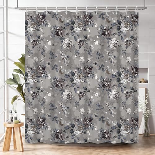 Vintage Grey Floral Shower Curtain 74 Inches Long - Dark Rose Flower Botanical Print Bathroom Curtain with Rust-Proof Hooks, Waterproof Fabric Bath Tub Curtain for Traditional Home Decor - color: Floral-j