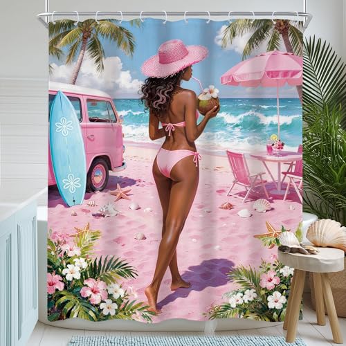 Newsely Pink Coastal Shower Curtain 60Wx72L Inch Summer Beach Coconut Trendy Girly Aesthetic Pretty Starfish Floral Botany Seashell Bathroom Set Waterproof Bath Decoration Accessories Home Decor - color: E-01pink, size: 60"W x 72"L (Pack of 1)