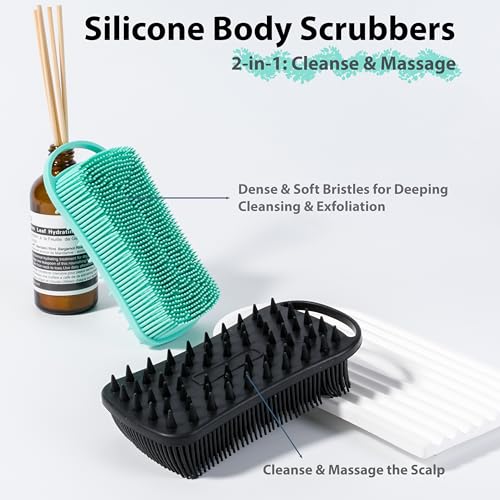 MtBoi 2 PC Silicone Body Scrubber, 2 in 1 Exfoliating Shower Bath Scrubber, Soft Silicone Loofah for Sensitive Skin, Shower Hair Scalp Massager, Easy to Clean, Lather Well (Black&Green) - color: Black&green