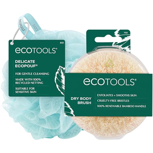 EcoTools Dry Body Brush for Circulation, Dead Skin Removal + Blue Delicate EcoPouf Made with Recycled Netting for Cleansing & Exfoliating Sensitive Skin, Self-Care Gifts - color: Blue
