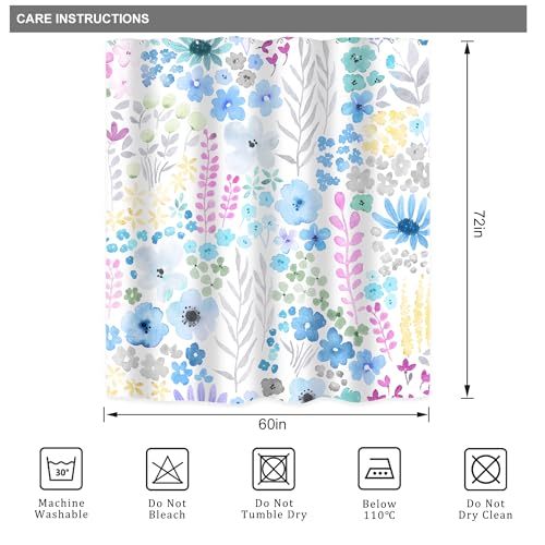 Riyidecor Blue Floral Shower Curtain for Bathroom Decor 60Wx72H Girls Kids Boho Cute Wildflower Watercolor Plant Leaves Botanical Art Printed Fabric Polyester Waterproof 12 Pack Plastic Hook - color: D-blue, size: 60"W x 72"L (Pack of 1)