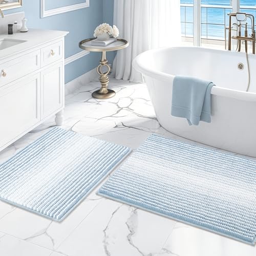 BSICPRO Bathroom Rugs and Mats Sets, 2 Piece Thick Absorbent Chenille Bath Mat Rug Set Non Slip, Soft Shaggy Bath Room Floor Mats for Bathroom, Machine Washable (20" x 32" Plus 16" x 24",Ice Blue) - color: Ice Blue, size: 20" x 32" Plus 16" x 24"