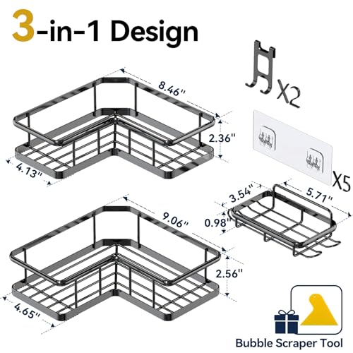 YASONIC Corner Shower Caddy Adhesive, 100% Rustproof Shower Organizer with Soap Holder, No Drill Shower Shelf for Inside Shower, Wall-Mounted Shower Storage for Homes (3 Pack, Black) - color: Black