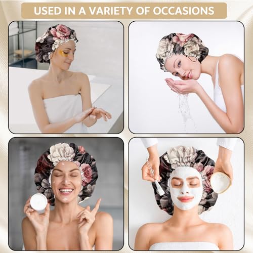Shower Cap Adjustable Waterproof Double Layer Elastic Reusable Hair Bath Cap Cute Aesthetic for Women Girls-Rose - color: R8-Rose