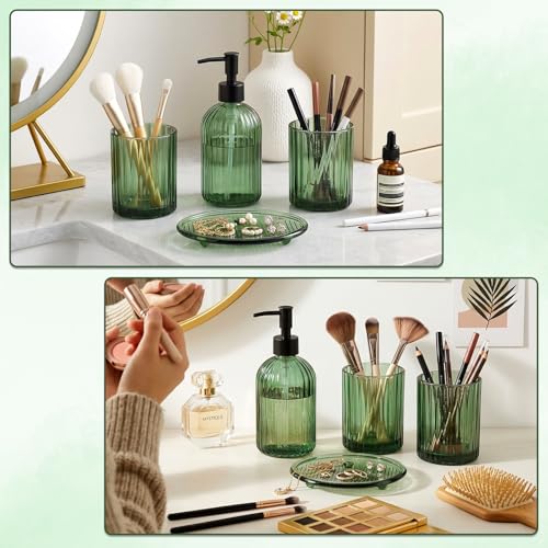 Topsky 4 Pcs Glass Bathroom Accessories Set,13.5oz Liquid Hand Soap Dispenser with Toothbrush Holder,Mouthwash Cup,Soap Dish for Bathroom Countertop,Vertical Stripe Design,Heavy Weight,Army Green