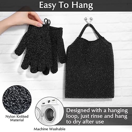 Anezus Exfoliating Back Scrubber Bath Gloves Set, Exfoliating Shower Towel with Shower Gloves for Body Scrub, Back Cleaner Wash Gloves to Remove Dead Skin (Black) - color: Black