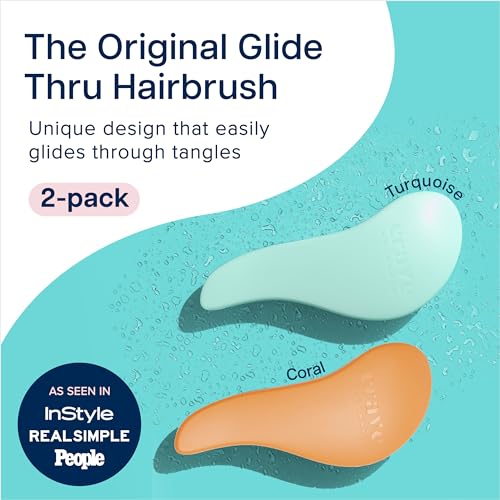 Crave Naturals Glide Thru Hair Brush - 2 Pack Detangler Brush for Curly, Straight, Wet or Dry Hair - Gentle Detangling Brushes for Adults, Kids, Toddlers, 7.5"x3" - Coral and Turquoise - color: Turquoise & Coral, size: 2 Pack (Regular)