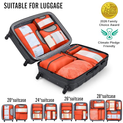 Veken 10 Set Packing Cubes for Travel Essentials,Anti-Wrinkle Buckled Suitcase Organizer for Shoe & Toiletry Bag,Carry On Luggage Bag with 99+ Count Mesh Holes for Airplane & College Dorm Accessories - color: 12 Orange