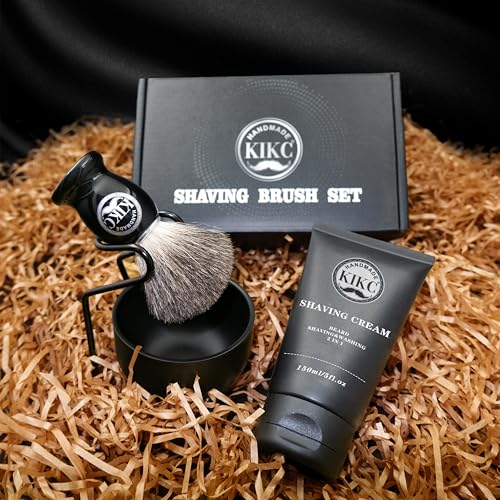 KIKC 5 in 1 Shaving Kit for Wet Shave, Set Includes Hand Crafted Pure Badger Shave Brush, Stainless Steel Lathering Soap Bowl, Shave Brush Stand, Shaving Cream, Best Gift for Bearded Man, Deluxe Black - color: black Stainless set