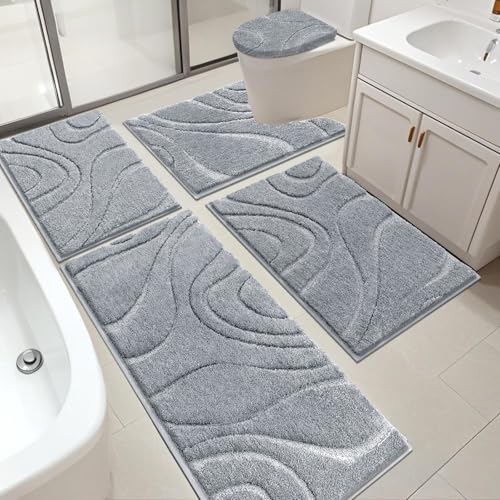 HEBE Bathroom Rugs Sets 5 Piece, Soft Absorbent Microfiber Bath Mat for Bathroom, Non Slip Washable Bath Rug Set with Toilet Cover, Bath Runner and U-Shaped Contour Toilet Rug, Light Grey - color: Light Grey, size: 18"x26"+20"x32"+20"x48"+U20"x24"+Cover19