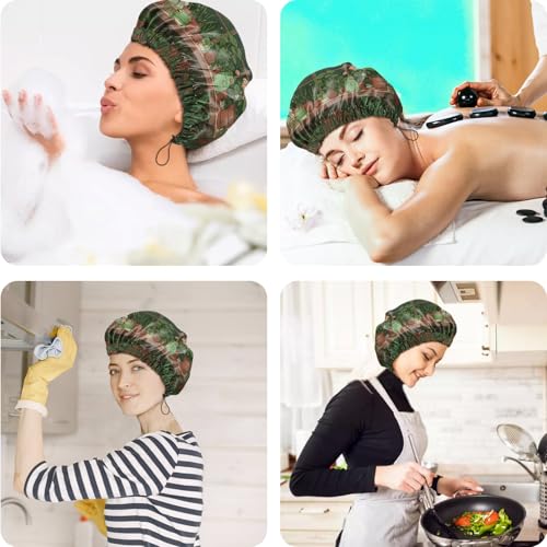 2 PCS Shower Cap Reusable Waterproof Double Layers Hair Caps Shower Bath Adjustable Elastic Hat for Women Girls Cute Aesthetic-Leaf Frog - color: AI20-Leaf Frog