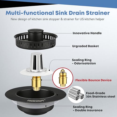 Upgraded 3 in 1 Kitchen Sink Drain Strainer - Stainless Steel Sink Stopper, Anti-Clogging Food Catcher Basket, Sink Bounce Core Drain Strainer Plug for US Standard 3 1/2 inch Drain (Black) - color: Black