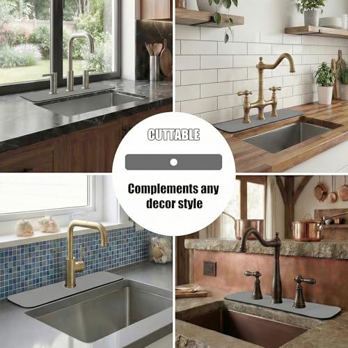 Cuttable Kitchen Sink Faucet Mat: 33" Lx5.5 W Splash Guard with Center Hole | Non-slip Fabric Rubber Mat, Cut to Fit 2,3,4 Holes Irregular Large Double bowl Sink with Soap Dispenser Air Gap - size: 33" Lx5.5 W