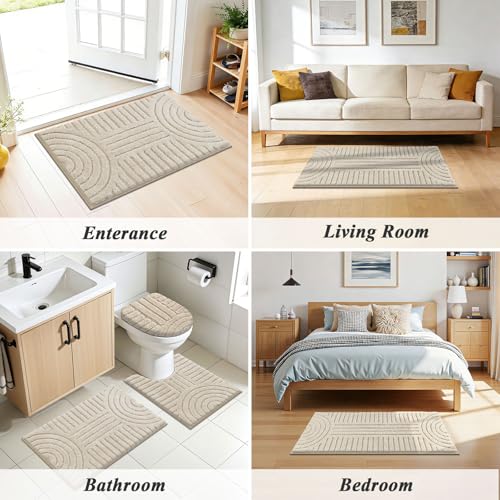 SHACOS Bathroom Rugs Sets 5 Piece Ultra Soft Absorbent Microfiber | Bath Mat with Bath Runner, U Shape Contour Rug, Toilet Lid Cover, Non Slip Machine Washable Carpet for Bedroom, Light Beige - color: Light Beige
