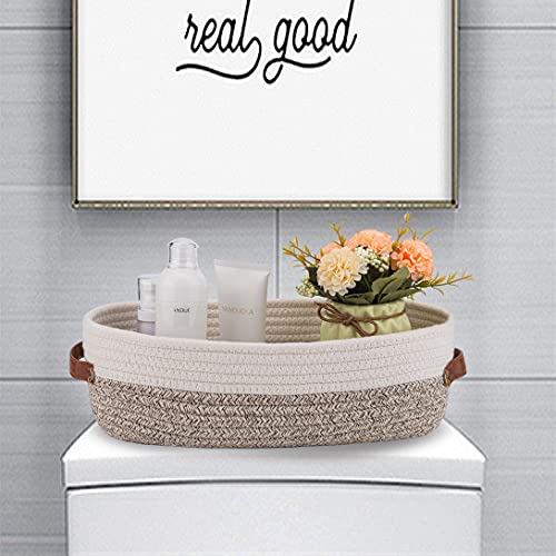Woven Storage Basket for Toilet Tank Top,Farmhouse Home Decor Organizing Basket for Bathroom,Table and Counter 13"x5.9"x4" Apricot Stitching White - color: Apricot Stitching White