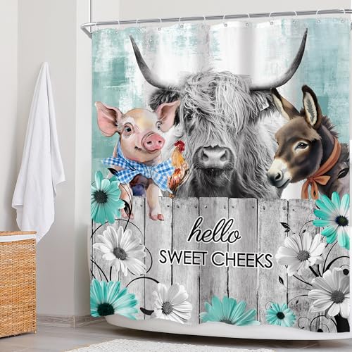 Newsely Rustic Funny Highland Cow Shower Curtain 60Wx72H Inch Teal Floral Daisy Farmhouse Western Animal Donkey Chicken Pig Bathroom Set Bull Wooden Waterproof Bath Decoration Accessories Home Decor - color: A-03cow, size: 60"W x 72"L (Pack of 1)