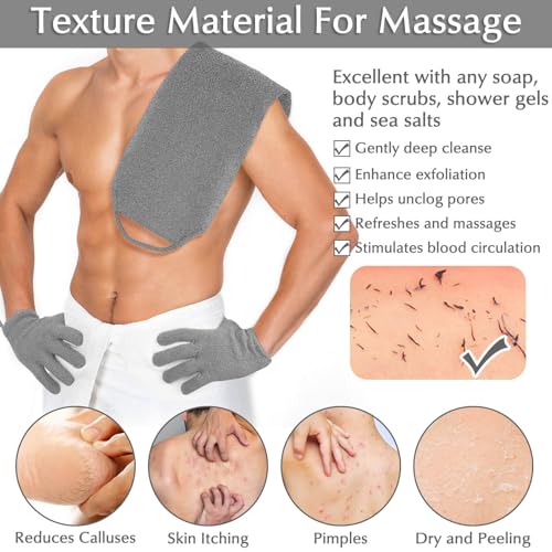 Anezus Exfoliating Back Scrubber Bath Gloves Set, Exfoliating Shower Towel with Shower Gloves for Body Scrub, Back Cleaner Wash Gloves to Remove Dead Skin (Grey) - color: Grey