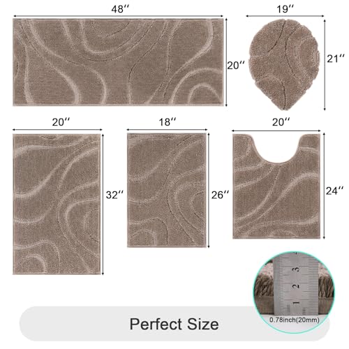 HEBE Bathroom Rugs Sets 5 Piece, Soft Absorbent Microfiber Bath Mat for Bathroom, Non Slip Washable Bath Rug Set with Toilet Cover, Bath Runner and U-Shaped Contour Toilet Rug, Coffee - color: Brown, size: 18"x26"+20"x32"+20"x48"+U20"x24"+Cover19"x21"