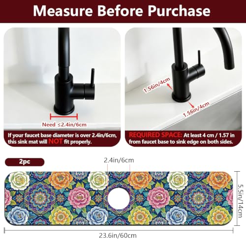 2 Pcs Kitchen Sink Splash Guard Faucet Mat Vintage Florals Faucet Mat for Sinks Bohemian Flowers Absorbing Drying Mats for Kitchen Bathroom, 23.6x5.5inch - color: Vintage Florals