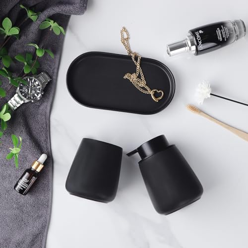 Matte Black Bathroom Accessory Set - 3pcs Ceramic Soap Dispenser Set Vanity Countertop Accessories Set, Includes Refillable Lotion Hand Soap Dispenser, Toothbrush Holder and Tray (Liquid Pump) - style: Black Set - Liquid Pump