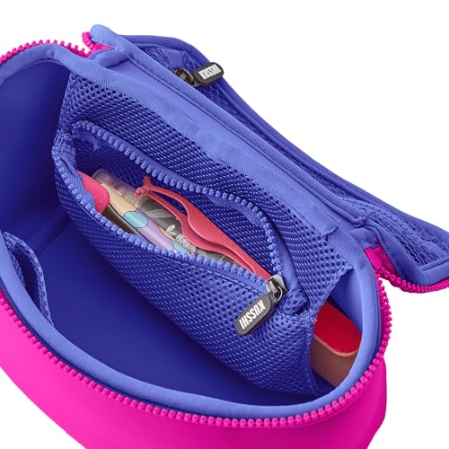KUSSHI Neoprene Train Case Makeup Bag - Washable Makeup Travel Bag & Vanity Case for Stress Free Travel (Small, Pink/Indigo) - color: Pink/Indigo, size: Small