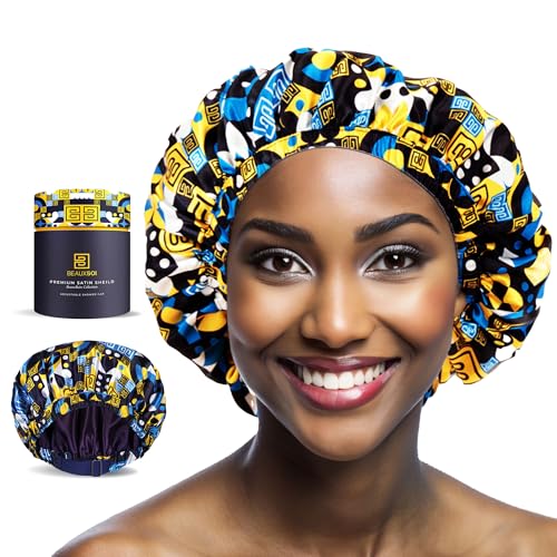 Luxury Reusable Waterproof Shower Cap for Women - Satin Lined, Adjustable - Keeps Hair Dry, Durable Hair Bonnet by BEAUXSOI (African Majesty) - color: African Majesty