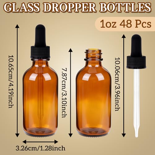 STAERSIDE 48-Pack 1 oz Amber Glass Dropper Bottles, Leakproof & Durable for Essential Oils & Craft Use, Complete Kit with Funnel, Brush, Labels, Extra Droppers & Measuring Cup - color: 1oz-Amber-48pcs