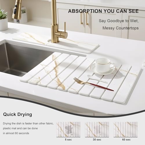 3 PCS Large Stone Dish Drying Mat for Kitchen Counter, Quick Dry Stone Dishes Mats, Sink Faucet Mat, Marble Water Absorbing Diatomaceous Earth Drying Pad for Countertop Tableware, Bottles - color: White Gold Marble