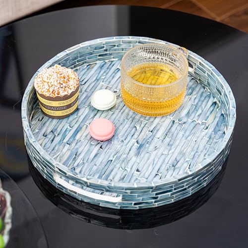 PEMAR 12.6” Mother of Pearls Lacquer Inlaid Round Serving Tray with Handles, Round Decorative Nacred Wooden Ottoman Coffee Table Tray (Blue Tiles) - color: Blue Tiles