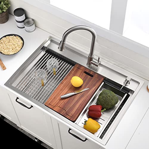 33 Inch Drop In Kitchen Sink Workstation - VOKIM 33X22 Inch Drop In Sink Stainless Steel Splash Guard 16 Gauge 10'' Deep Single Bowl Handmade Topmount Sink with Cutting Board& Strainer - color: Stainless Steel （Splash Guard）, size: 33"L x 22"W x 10"D